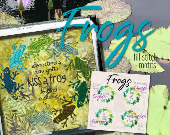 Kiss a Frog - single designs/motifs - wreaths of frogs - machine embroidery motifs in 4 languages: English, German, Danish and Swedish