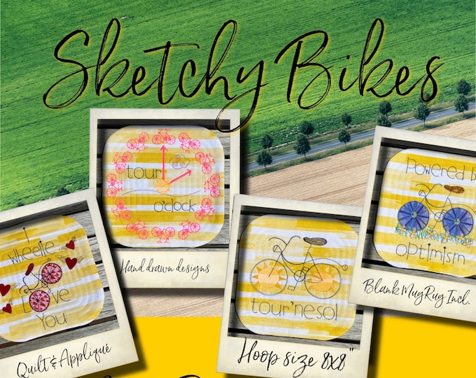 5 MugRugs ITH - 8x8" with my Sketchy Bikes, Quilted with round corners - 4 different hand drawn bike motifs and a blank one to make your own
