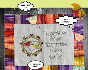 2 - BIRDS & BERRIES - Birds in small Berry wreaths and a cute texts - for hoop size 5x7" - Appliqué and embroidery - 5 + 2 designs included