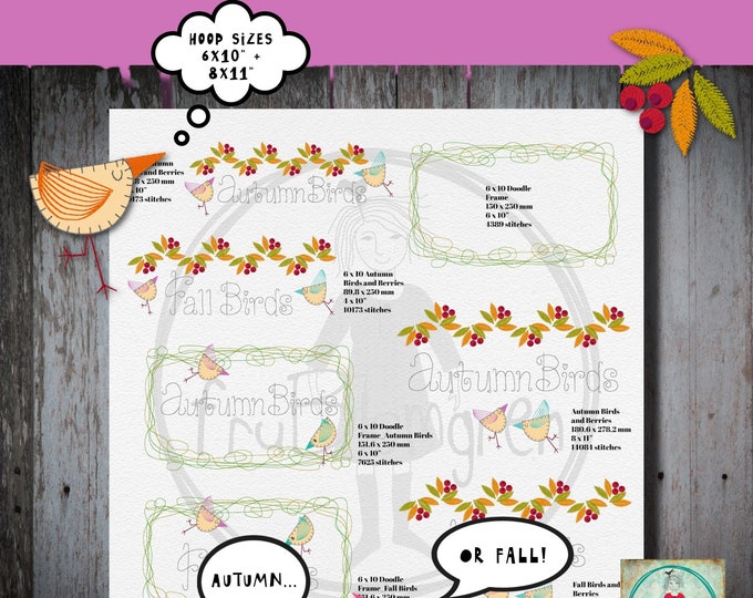 11 - BIRDS & BERRIES - Headlines and Frames for larger hoop sizes - 6x10"-8x11" - 7 large Elements for making your own design compositions