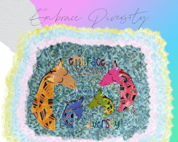 6 Embrace Diversity designs with my whimsical and colourful Appliqué giraffes - XL motifs and single giraffes (torsos in doodle frames)