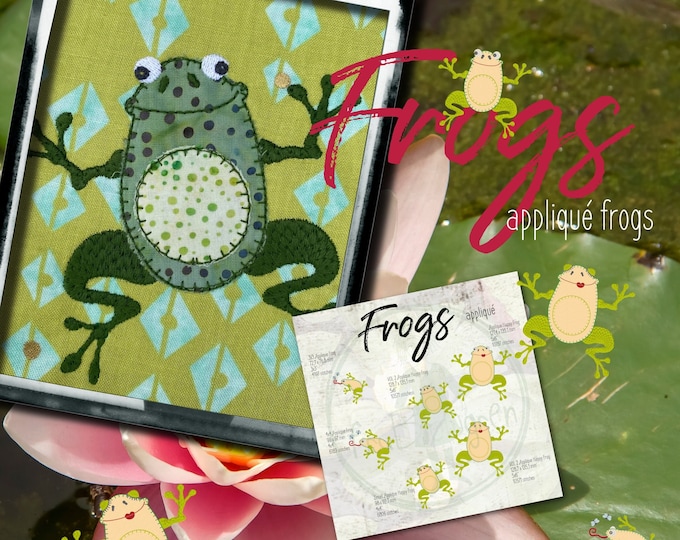 6 Happy Appliqué Frog single designs - more variants and mores sizes  - Machine embroidery designs for Frog Lovers - hoop size 4x4" and 5x7"
