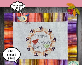 3 - BIRDS & BERRIES - Birds in Berry wreaths 'Home Sweet Home' and Heart - for hoop size 8x8" - Appliqué and embroidery - 5 designs included