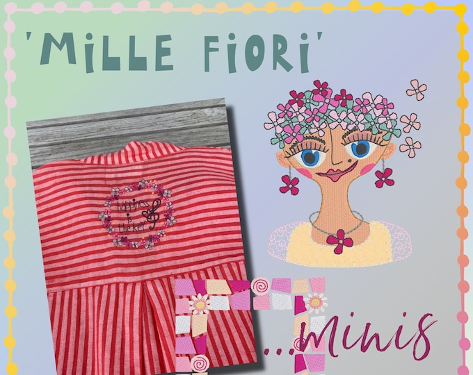 Mini Mille Fiori designs - hand drawn, sketchy machine embroidery designs for hoop size 4x4 - Cute girl, text in a wreath and a mosaic frame