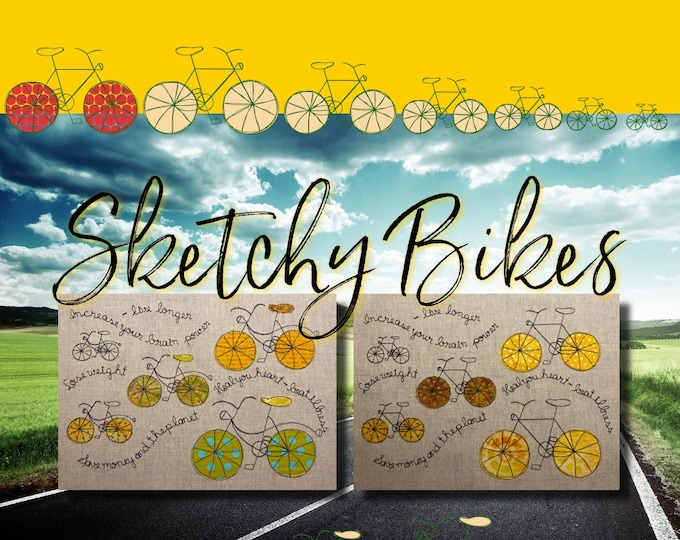 15 Sketchy Bikes to make on your Embroidery Machine - Blackwork and some with appliqué details like freestyle on a sewing machine