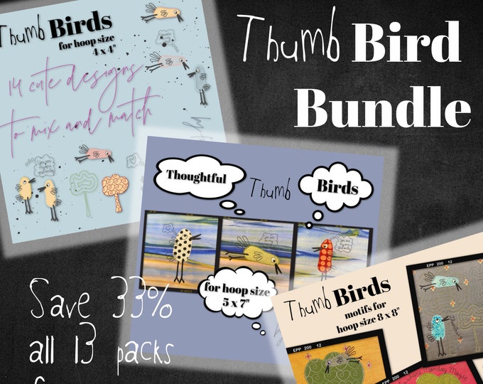 Thumb Bird Bundle - All 3 of my Thumb Bird design packs for the price of 2 - save 33% - In total 21 cute Bird designs - singles and motifs