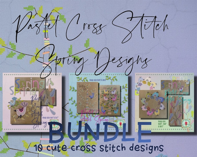 Bundle with Cross stitch designs - 10 beautiful, handdrawn Springy cross stitch designe to make on you embroidery machine - Birds, Trees etc