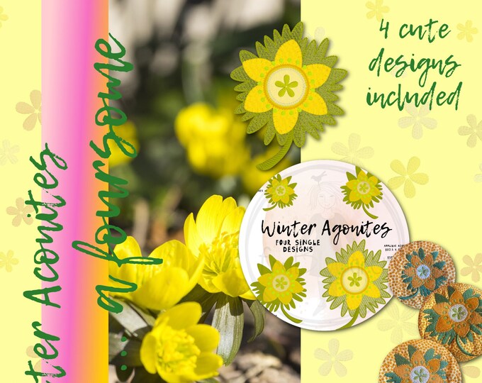 Spring Messengers - Winter Aconites - 4 hand-drawn and detailed Spring flower designs to embroider on your machine - for hoop 4x4 and 5x7