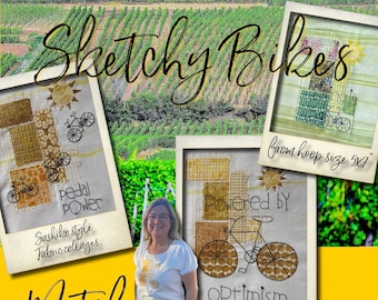 Raw edge fabric collages - sashiko style - with texts and my hand drawn, sketchy appliqué bikes - Versatile designs for embroidery machines