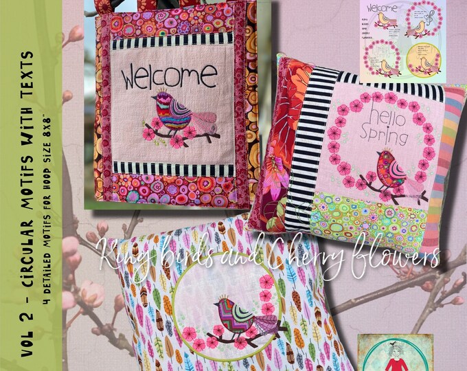 VOL 2. King Birds and Cherry Flowers - beautiful, detailed, round motifs - appliqué Birds and Cherry Flowers in wreaths - for hoop size 8x8"