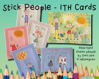 6 CARDS ITH with cute and whimsical, hand drawn Stick People to make on your Embroidery Machine, 5 for hoop 5x7 and 1 for hoop 8x11
