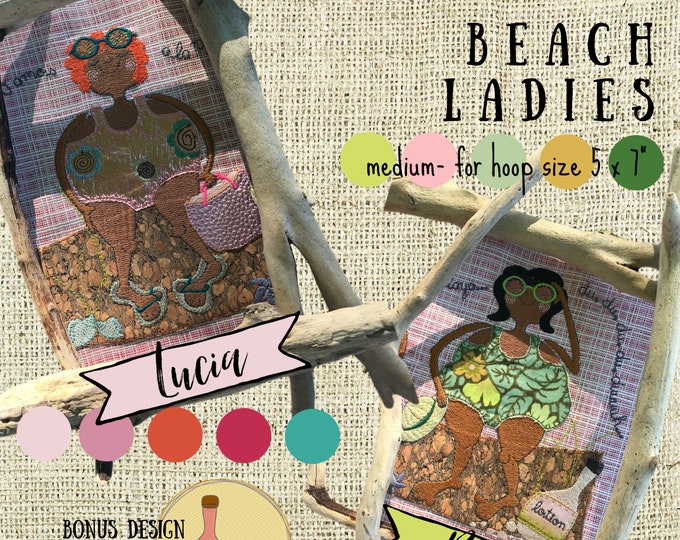 Medium Size BEACH LADIES - My gorgeous Sun seeking Ladies: Lucia and Bella as full figure Appliqué designs for hoop size 5 x 7", 5 designs