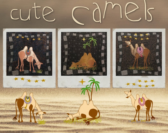 3 Cute Applique Camels, Handdrawn Machine Embroidery Designs, as single motifs and framed in open-stitched frames