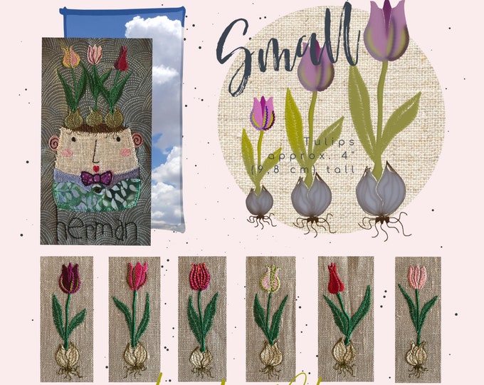 Small Embroidery Spring Tulips and Herman the Pot for hoop size 4 x 4" - 10 x 10 cm - 6 different embroidery tulips, texts for motifs