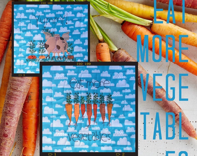 9 Machine Embroidery Designs - whimsical and hand drawn with Carrots and Piglet motifs - perfect for the environment and your kitchen