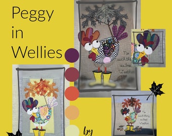 Unique hand drawn Machine Embroidery - Happy Chick Peggy in her yellow wellies - various sizes from 4x4 to 8x11 + quilt blocks - 10 designs