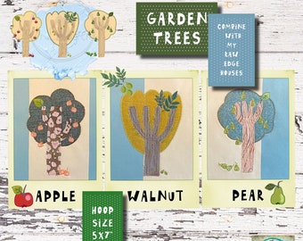 Raw edge Appliqué trees from the garden - An apple tree, a pear tree, and a stillistic walnut tree - Cute, detailed designs for hoop 5x7"