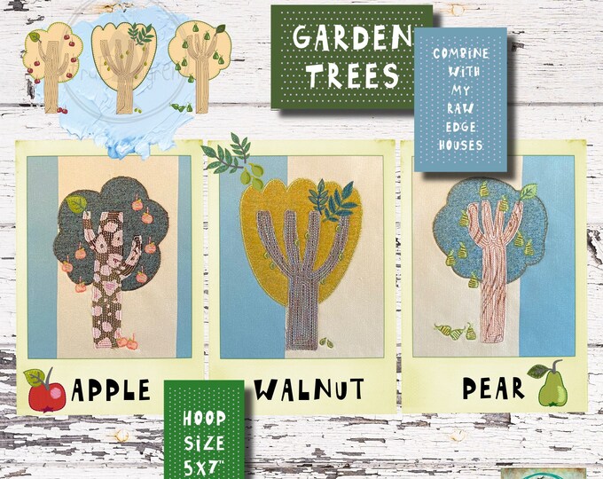 Raw edge Appliqué trees from the garden - An apple tree, a pear tree, and a stillistic walnut tree - Cute, detailed designs for hoop 5x7"