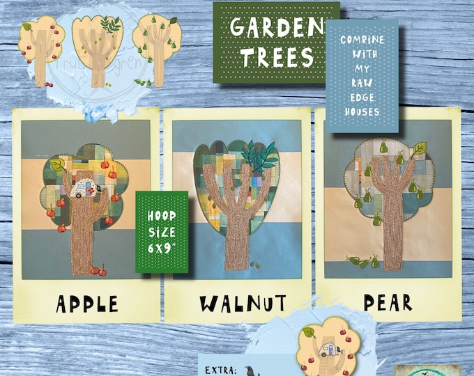 Raw edge Appliqué trees from the garden - An apple tree, a pear tree, and a stillistic walnut tree - Cute, detailed designs for hoop 6x9"