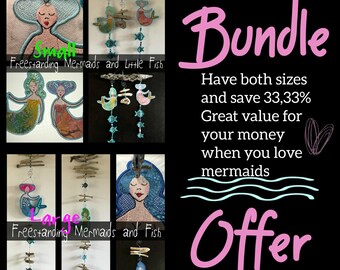 BUNDLE OFFER - Fabulous Freestanding Mermaids and Fish for making Summer mobiles and Summer Decor - save 33,33% - 4 FSL Mermaids + 12 Fish