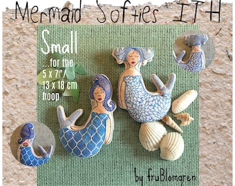 ITH Machine Embroidery Pattern for 2 Adorable Softie Mermaids for the 5 x 7"/13 x 18 cm hoop, make 2 DARLING MERMAIDS finished size 14 cm