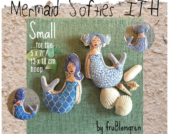 ITH Machine Embroidery Pattern for 2 Adorable Softie Mermaids for the 5 x 7"/13 x 18 cm hoop, make 2 DARLING MERMAIDS finished size 14 cm