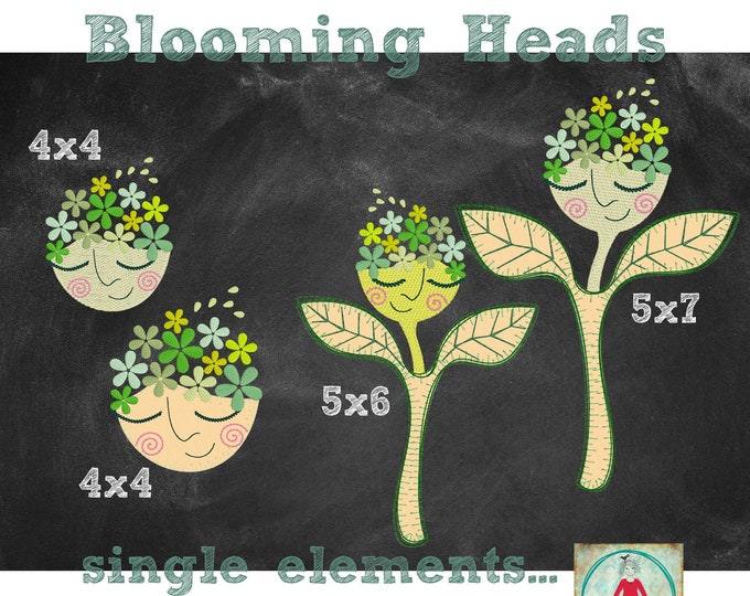 Blooming Heads - cute, hand drawn, easy made embroidery designs for your embroidery machine - 4 different designs for hoop size 4x4 and 5x7