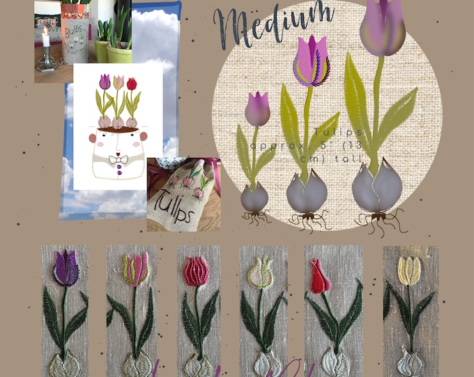 MEDIUM EMBROIDERY TULIPS, Herman the pot and more beautiful motifs for gift making, a total of 12 designs to mix'n match for the 5x7" hoop