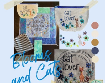 ITH Zipper purse (6x8") and cute machine embroidery motifs 'Blooms and Cats' - a total of 8 designs for flower and cat lovers