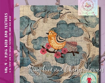 VOL 4. King Bird and Cherry Flowers - A beautiful, detailed, round motif - appliqué Bird in a wreath of delicate feathers - hoop size 8x8"