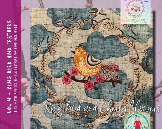 VOL 4. King Bird and Cherry Flowers - A beautiful, detailed, round motif - appliqué Bird in a wreath of delicate feathers - hoop size 8x8"