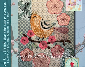 VOL 3. XL King Bird and Cherry Flowers - beautiful, detailed, XL motif - A larger version of my appliqué Bird & Cherry Flowers - hoop 8x11"