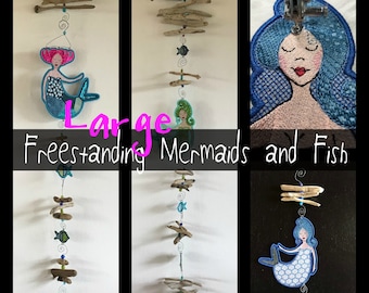 Fantastic Large Freestanding Mermaids for the 8 x 8" hoop - 20 x 20 cm - 2 different Mermaids + 3 Little Fish for making cute summer Mobiles