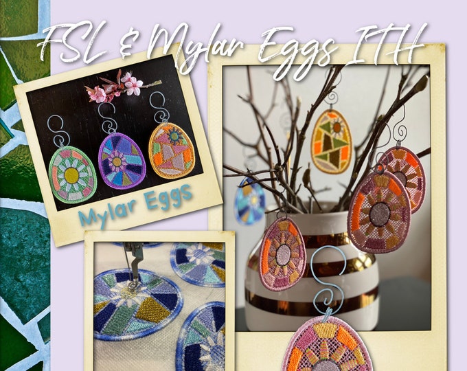FSL MOSAIC Style Egg Ornaments ITH - Little 'tiles' of stitches and daisies - Colourful and fun to make, for hoop size 4x4" - 6 variants