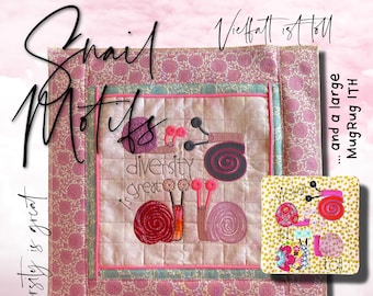 Snail Motifs and a large MugRug ITH - cute designs for hoop size 5x7" and 8x8" - Snails in 4 variants and the text in English and German