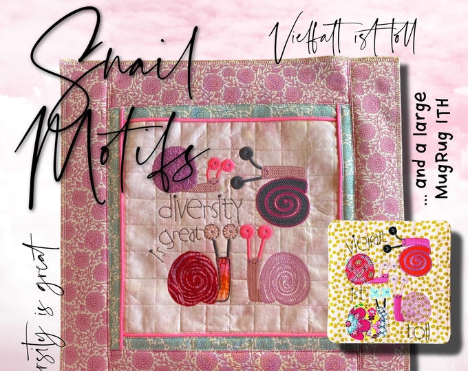 Snail Motifs and a large MugRug ITH - cute designs for hoop size 5x7" and 8x8" - Snails in 4 variants and the text in English and German