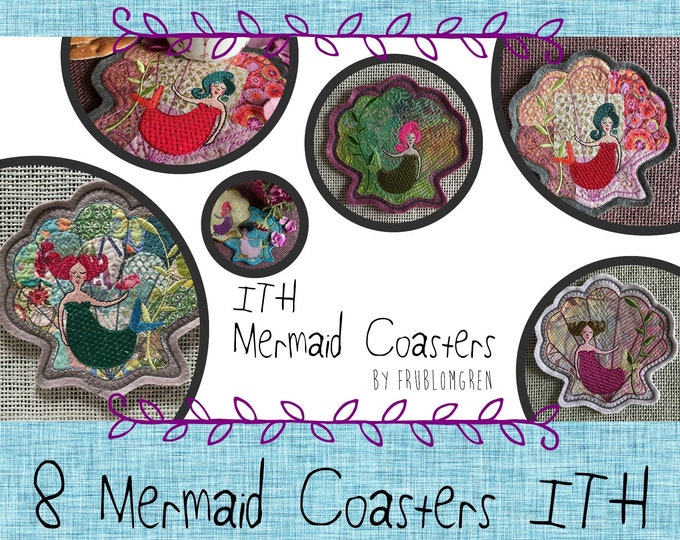 Mermaid Coasters ITH - Machine Embroidery ITH designs shaped as shells - my 2 little Mermaids in 4 versions, in total 8 ITH Coaster designs