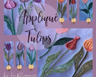 LARGE APPLIQUE TULIPS - 6 Hand drawn appliqué Tulip designs + 3 appliqué bulbs and a text to mix and match, for the 5 x 7" hoop