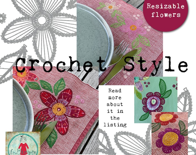 4 Machine Embroidery Flowers - Crochet Style - suited for enlargements up till 140%, so you can use various, heavier and effect threads