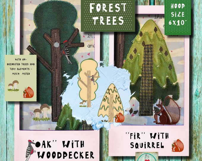 Raw edge Appliqué trees FROM THE FOREST for hoop size 6x9" - A fir with a squirrel and an oak with a woodpecker - detailed and fun designs