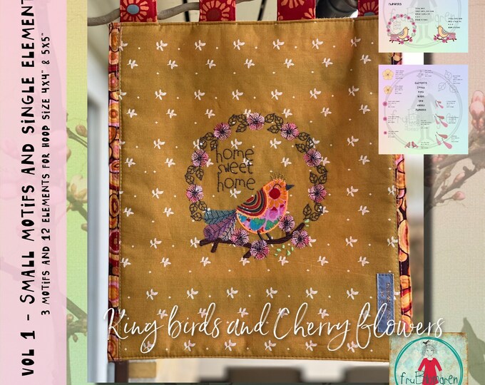 VOL 1. King Birds and Cherry Flowers - detailed, small motifs and single elements - appliqué Birds and Cherry Flowers  - hoop size 4x4 & 5x7