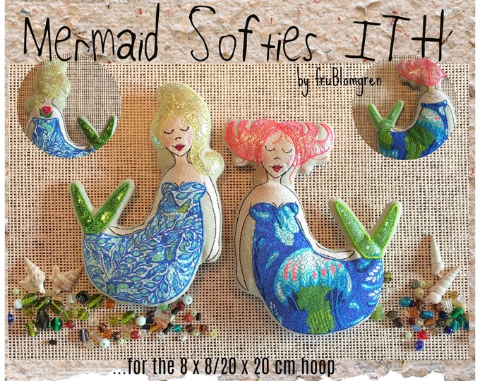 ITH Machine Embroidery Pattern for 2 Adorable Softie Mermaids for the 8 x 8"/20 x 20 cm hoop, make 2 DARLING MERMAIDS finished size 19 cm