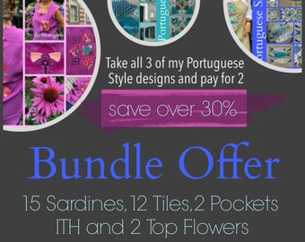 BUNDLE OFFER - Take all 3 of my Hand drawn Portuguese Inspired design packs and pay for 2: the Appliqué Sardines, Tiles and ITH pockets