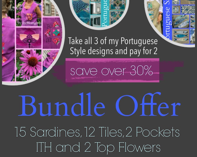 BUNDLE OFFER - Take all 3 of my Hand drawn Portuguese Inspired design packs and pay for 2: the Appliqué Sardines, Tiles and ITH pockets