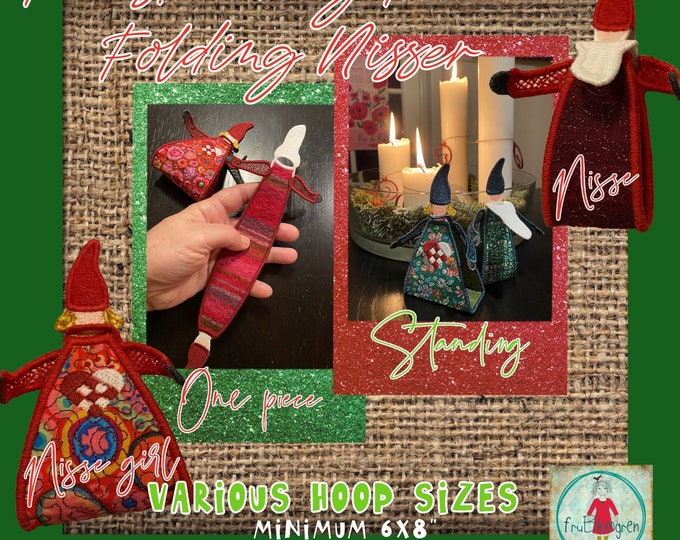 FSL Folding Fabric Nisse ornaments for your embroidery machine - hoop size 6x8" and larger -3 sizes- FABRIC version - Nisser and Nisse Girls
