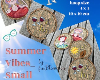 Machine Embroidery Design Pack 'SUMMER VIBES' - Small - for hoop size 4 x 4" - 10 x 10 cm - Coasters, Motifs and Texts with Bella and Lucia