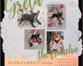 FRENCH BULLDOG DESIGNS - Sashiko Style Hand drawn embroidery designs with Greta - a Frenchie - 3 Large, fabulous designs for Dog Lovers