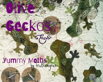 OLIVE GECKOS & Yummy MOTHS, 12 unique Machine Embroidery Designs, Cuztomisable Appliqués, use your Favourite Fabric Stash, Instant Download