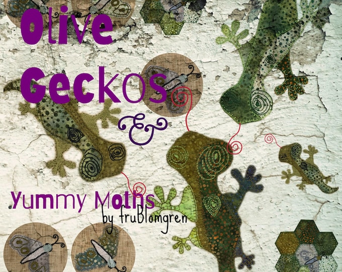 OLIVE GECKOS & Yummy MOTHS, 12 unique Machine Embroidery Designs, Cuztomisable Appliqués, use your Favourite Fabric Stash, Instant Download