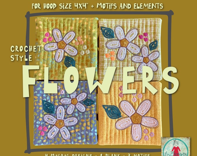 Cute 4 x 4 Coasters ITH Crochet style - 4 Charming Coasters ITH, detailed hand drawn Crochet Style Flowers in vases + 8 single designs